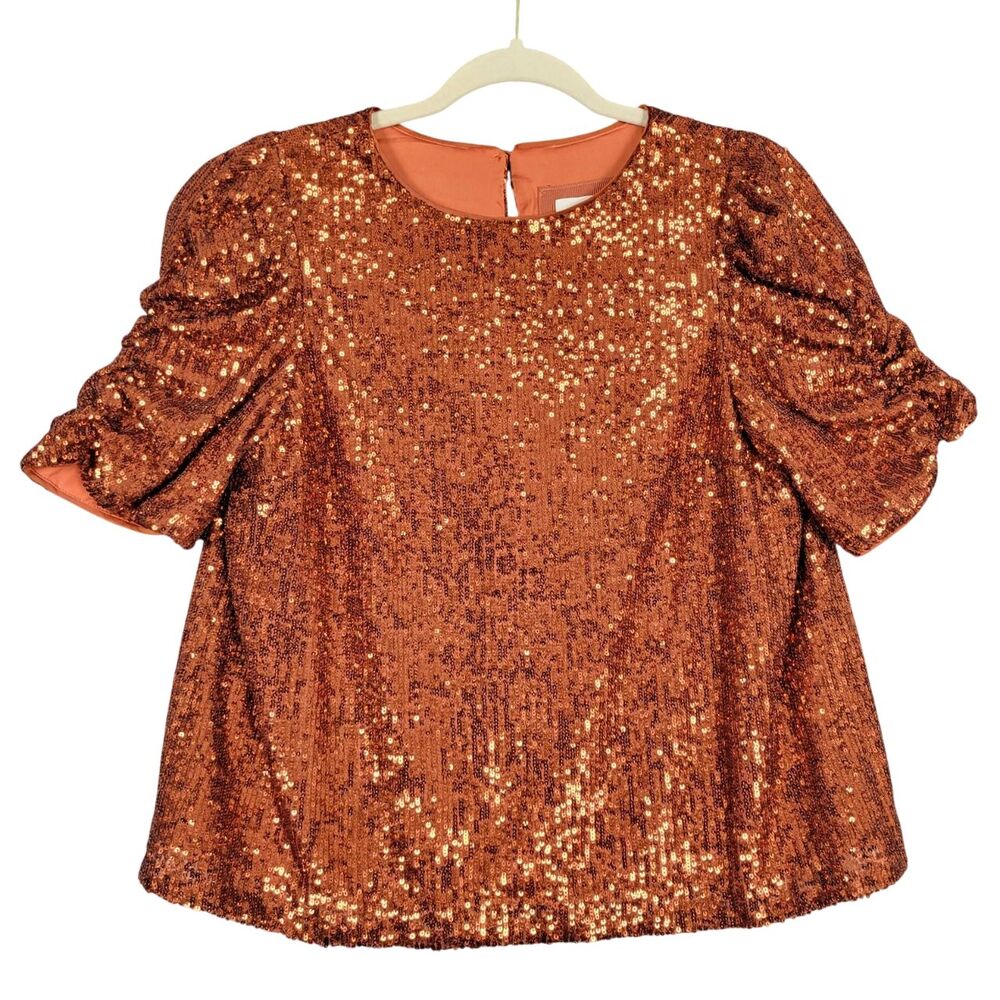 BY ANTHROPOLOGIE Marie Orange Sequin Puff Sleeve Top Event Glam Party SIZE 6 - Picture 2 of 16